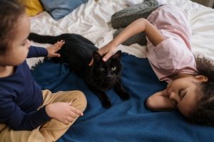 Kids lying on a bed with a black cat.